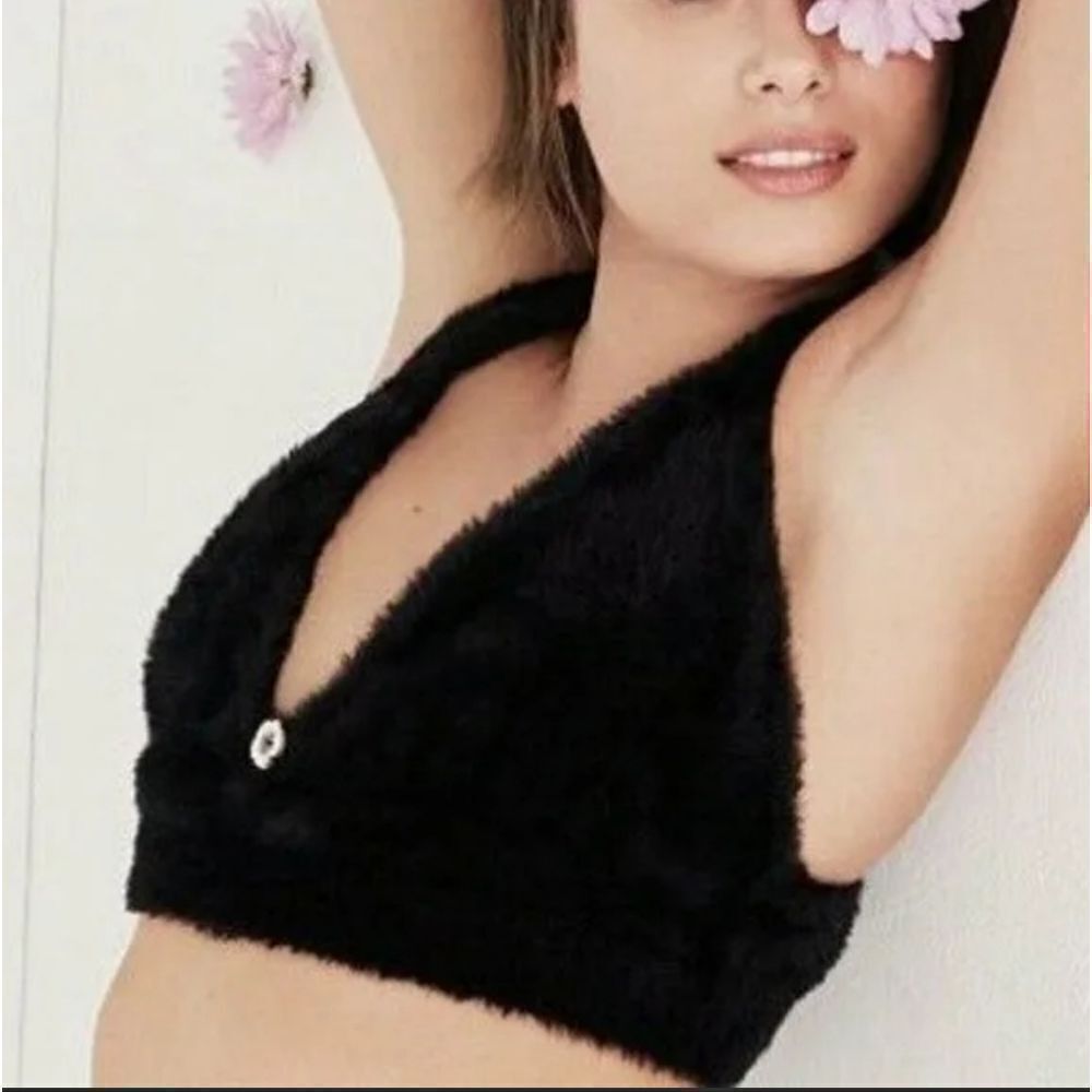 For Love & Lemons NWT Devon Black Furry Knit Sleeveless Crop Cropped Top